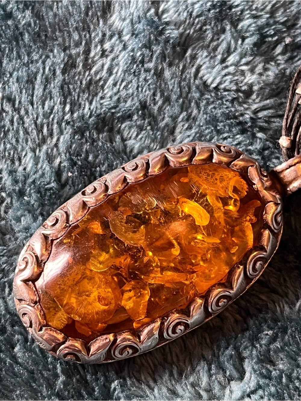 Gold Tone Baltic Amber/Silver Oval Pendant Necklace with Black Multi-Strand Cord - Picture 7 of 11